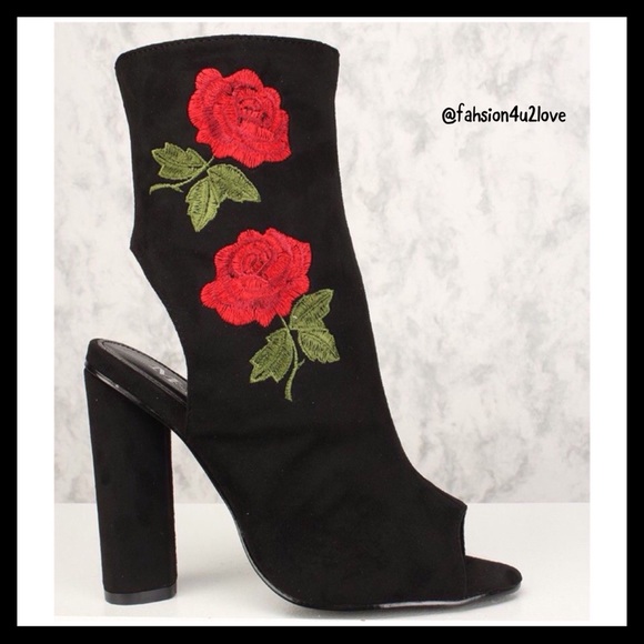 ❤️Size 7.5 Embroider Chunky Heel Booties Suede - Picture 4 of 6